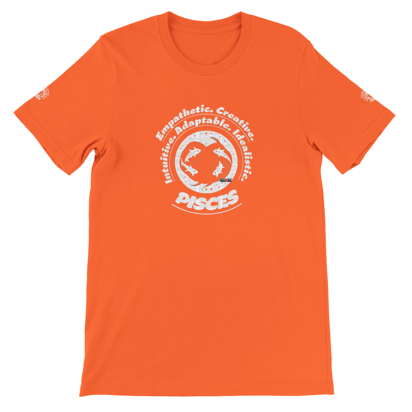 Orange unisex crewneck T-shirt with Pisces Zodiac Astrology Personality Character design, lovers of Fish Aqua Marine Sea Life