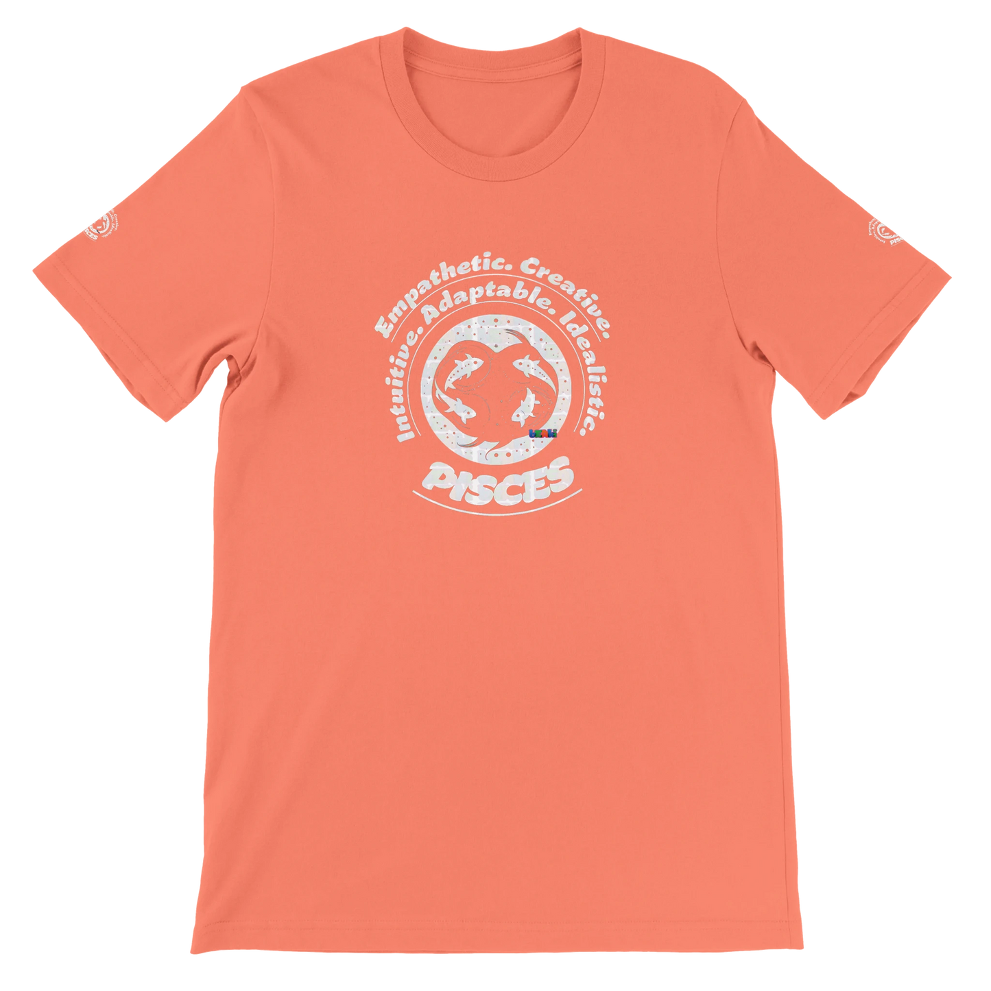 Orange unisex crewneck T-shirt with Pisces Zodiac Astrology Personality Character design, lovers of Fish Aqua Marine Sea Life