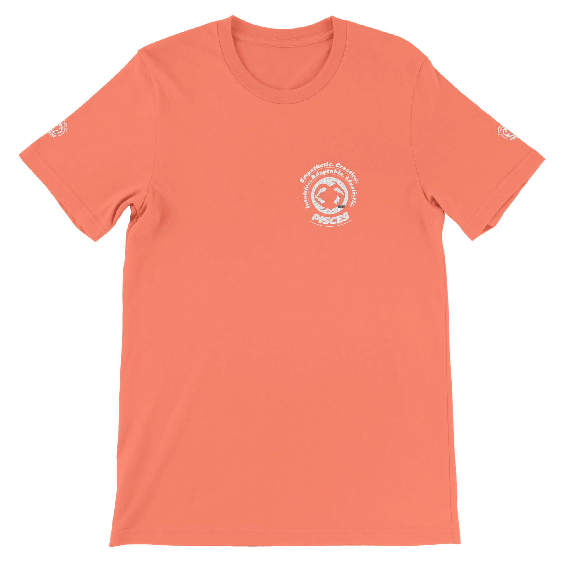 Orange unisex crewneck T-shirt with Pisces Zodiac Astrology Personality Character design, lovers of Fish Aqua Marine Sea Life