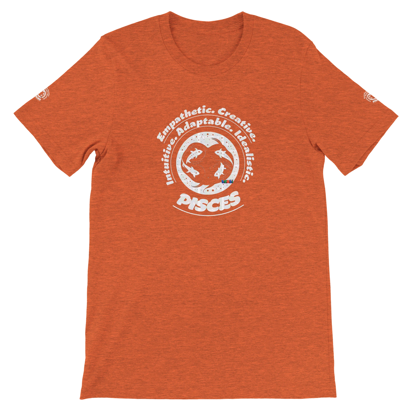 Orange unisex crewneck T-shirt with Pisces Zodiac Astrology Personality Character design, lovers of Fish Aqua Marine Sea Life