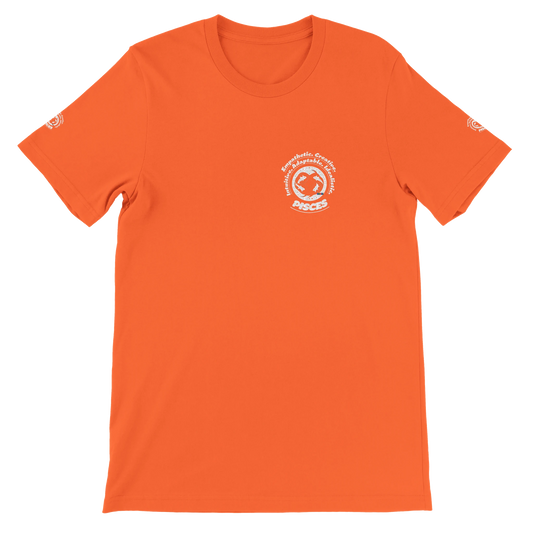 Orange unisex crewneck T-shirt with Pisces Zodiac Astrology Personality Character design, lovers of Fish Aqua Marine Sea Life