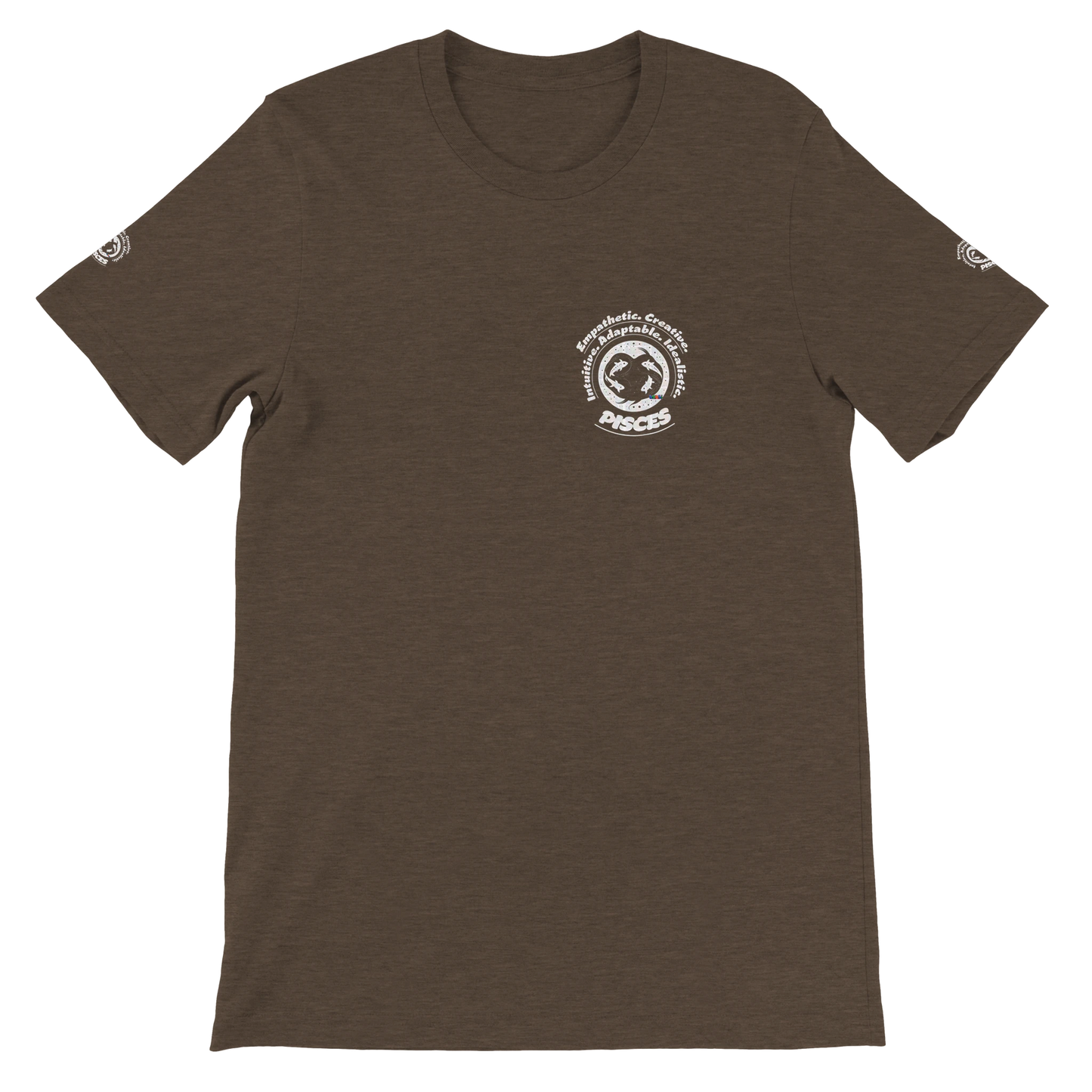 Brown unisex crewneck T-shirt with Pisces horoscope design, printed on soft Bella + Canvas 3001. Perfect for astrology lovers.