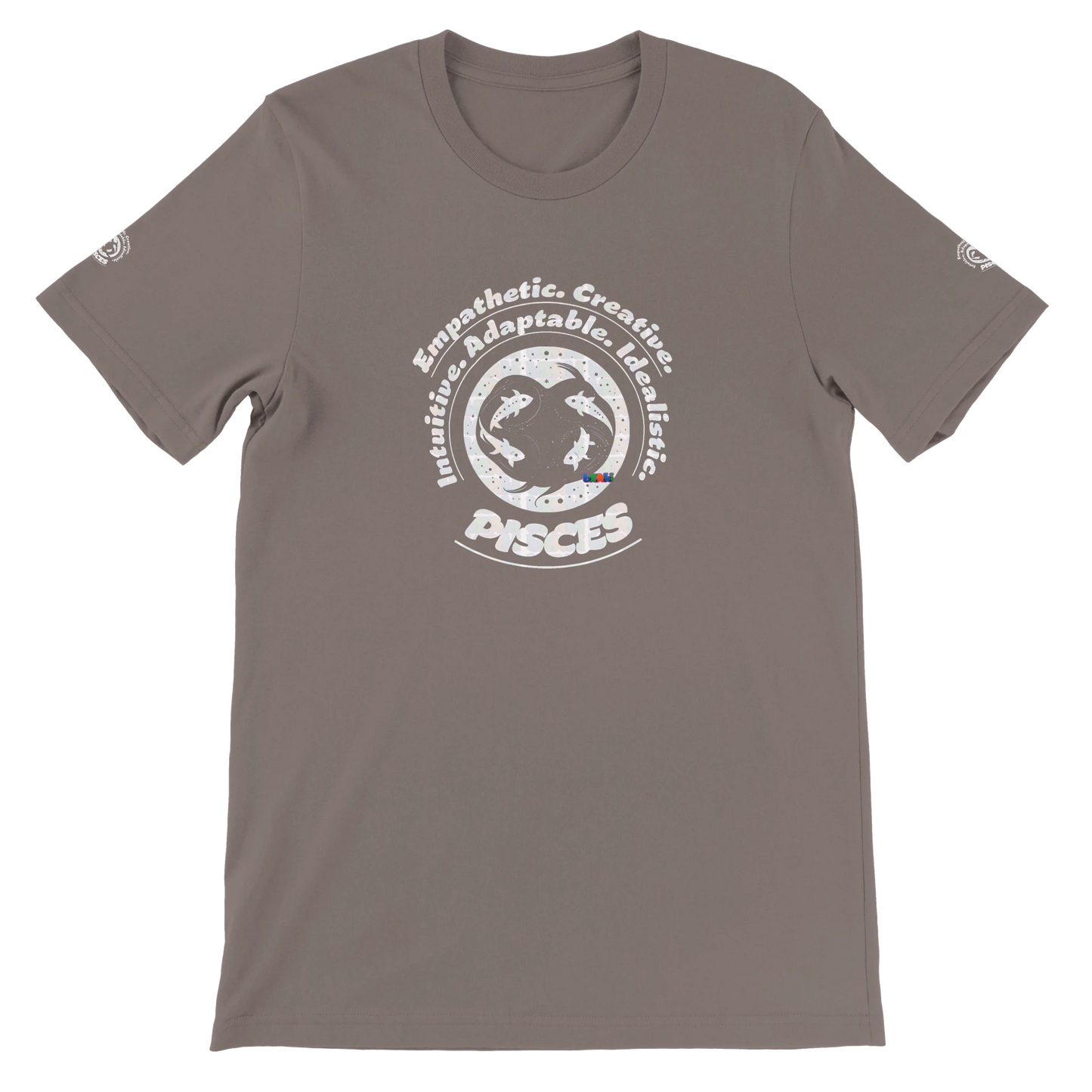 Brown unisex crewneck T-shirt with Pisces horoscope design, printed on soft Bella + Canvas 3001. Perfect for astrology lovers.