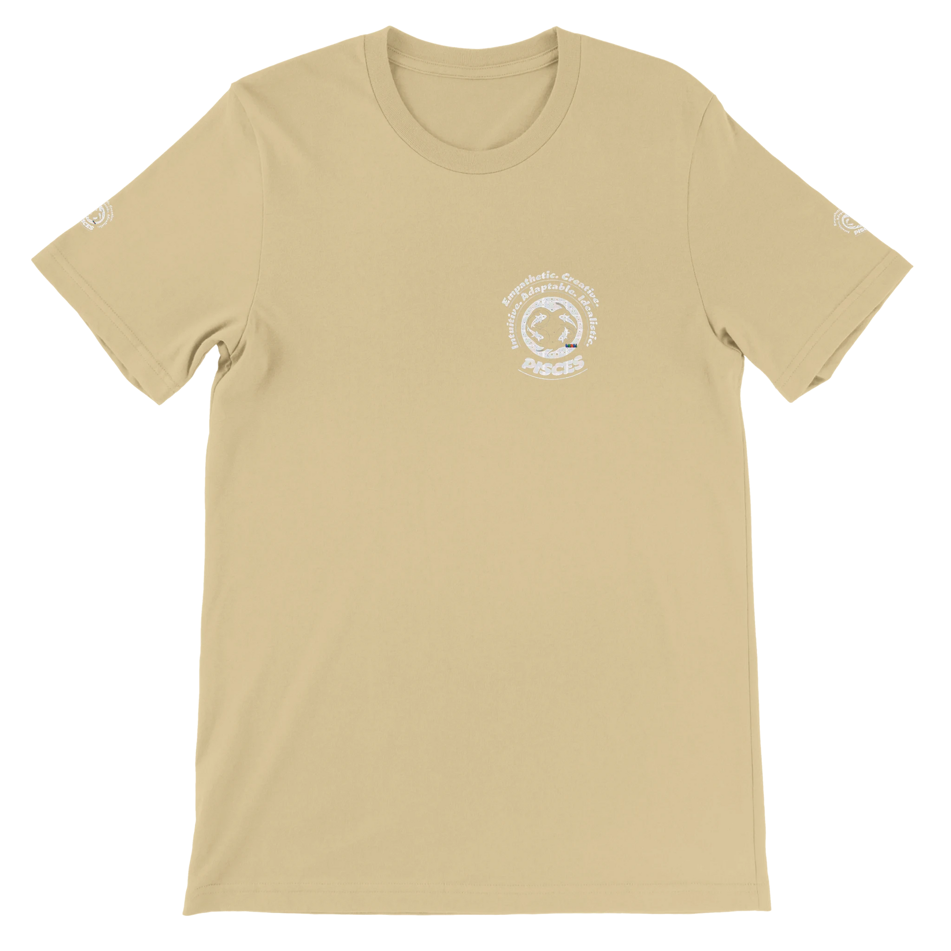 Brown unisex crewneck T-shirt with Pisces horoscope design, printed on soft Bella + Canvas 3001. Perfect for astrology lovers.
