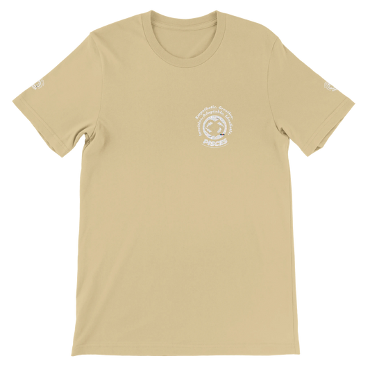 Brown unisex crewneck T-shirt with Pisces horoscope design, printed on soft Bella + Canvas 3001. Perfect for astrology lovers.