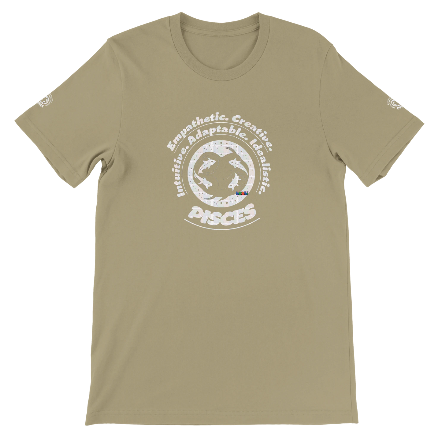 Brown unisex crewneck T-shirt with Pisces horoscope design, printed on soft Bella + Canvas 3001. Perfect for astrology lovers.