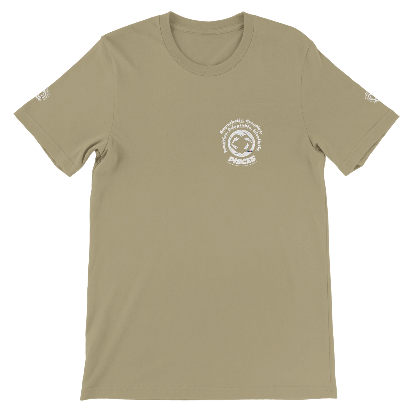 Brown unisex crewneck T-shirt with Pisces horoscope design, printed on soft Bella + Canvas 3001. Perfect for astrology lovers.