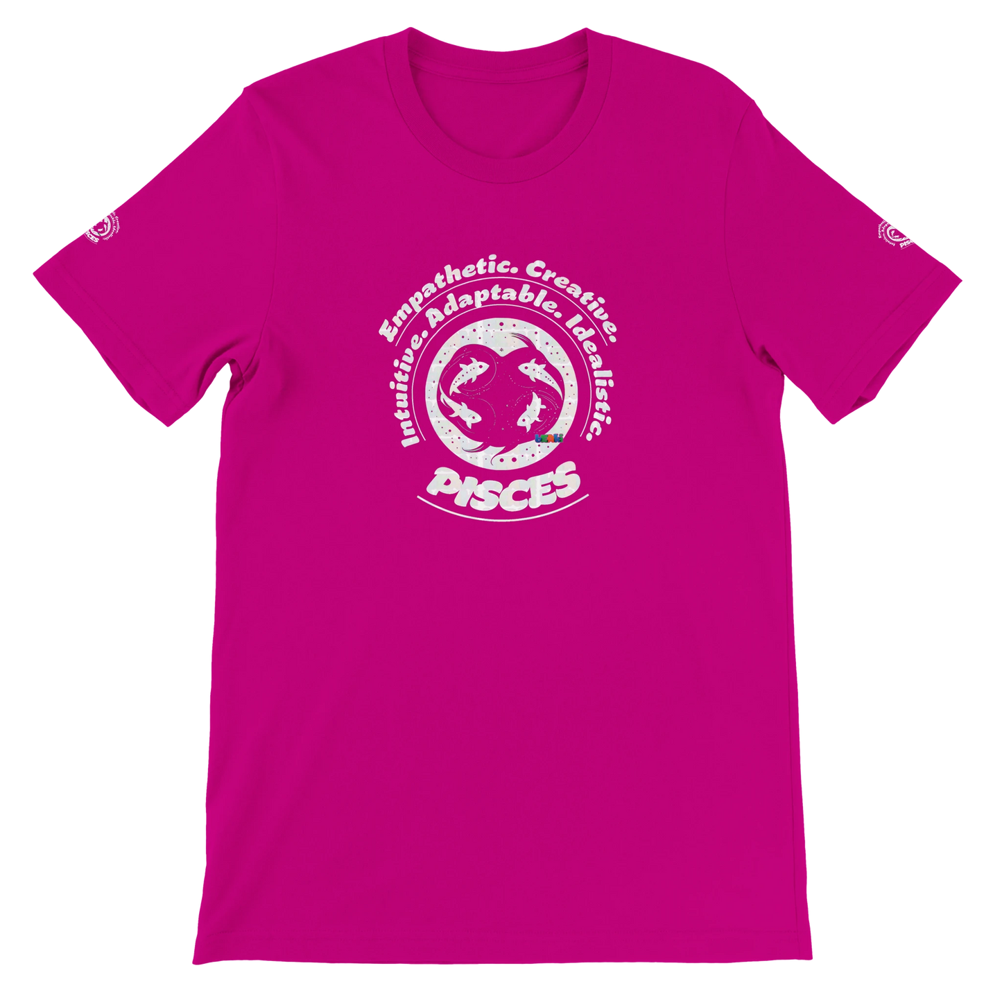 Purple unisex crewneck T-shirt with Pisces horoscope design. Ideal gift for a special loved one. Soft, stylish, and unique.