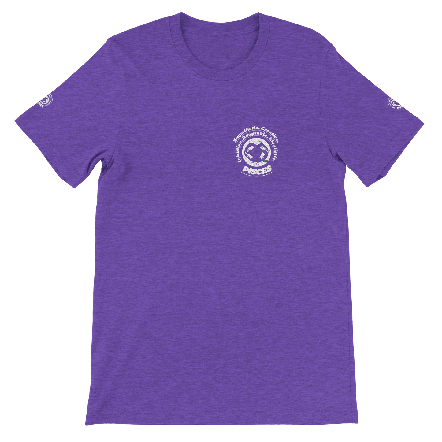 Purple unisex crewneck T-shirt with Pisces horoscope design. Ideal gift for a special loved one. Soft, stylish, and unique.