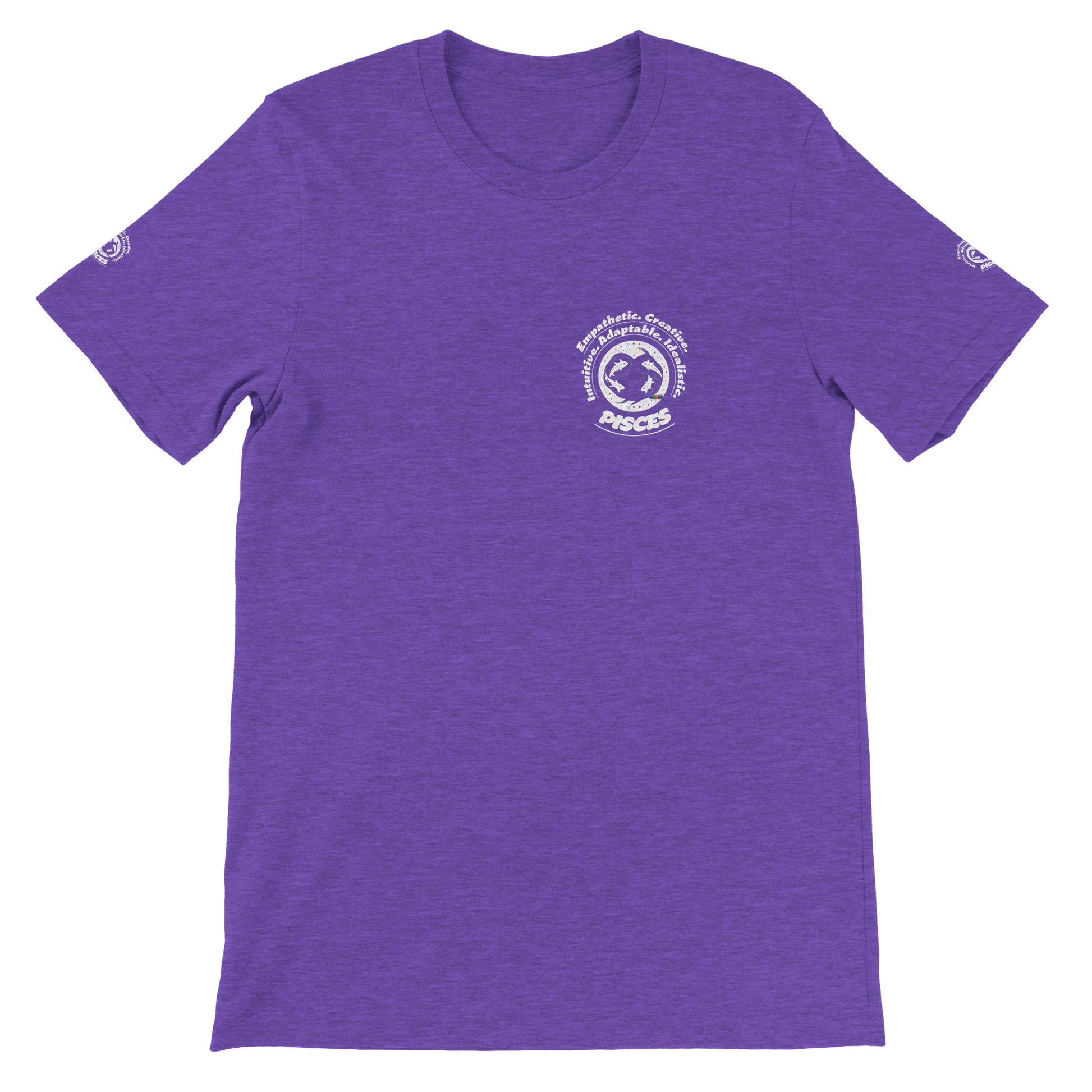 Purple unisex crewneck T-shirt with Pisces horoscope design. Ideal gift for a special loved one. Soft, stylish, and unique.