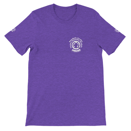 Purple unisex crewneck T-shirt with Pisces horoscope design. Ideal gift for a special loved one. Soft, stylish, and unique.