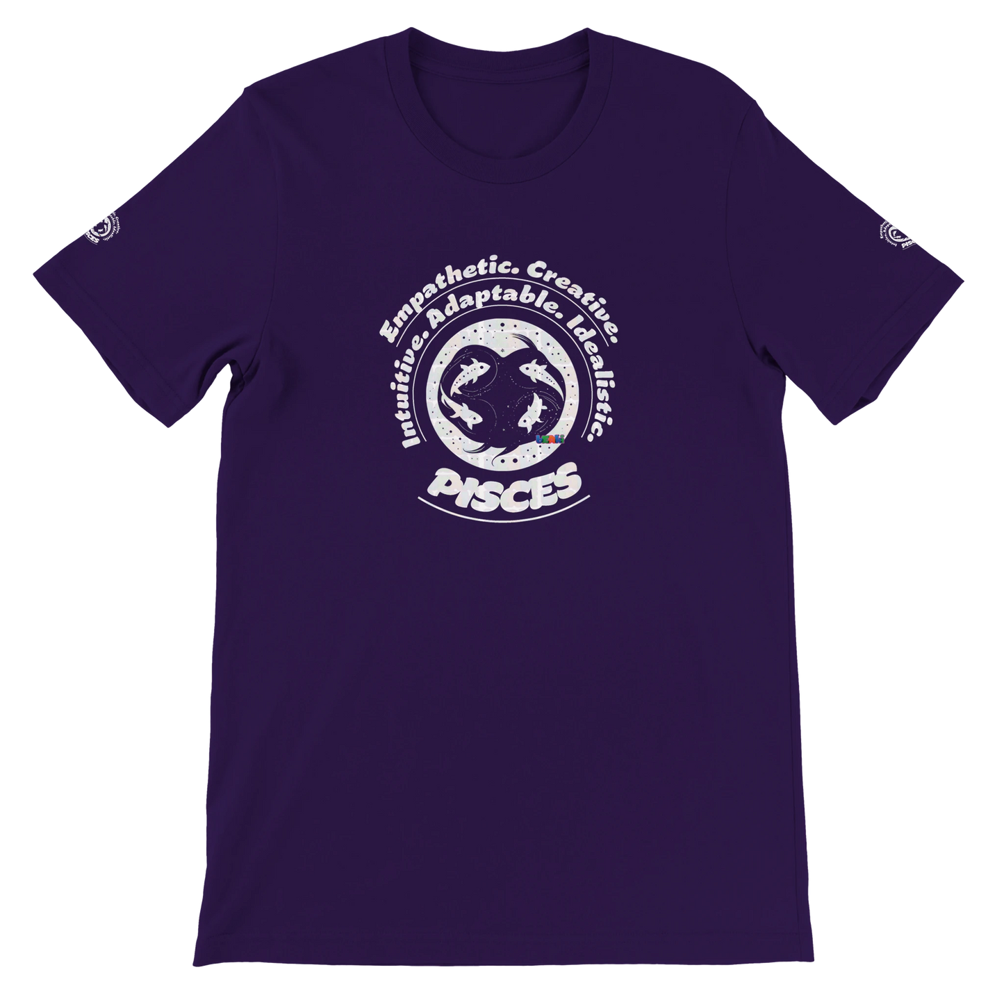 Purple unisex crewneck T-shirt with Pisces horoscope design. Ideal gift for a special loved one. Soft, stylish, and unique.
