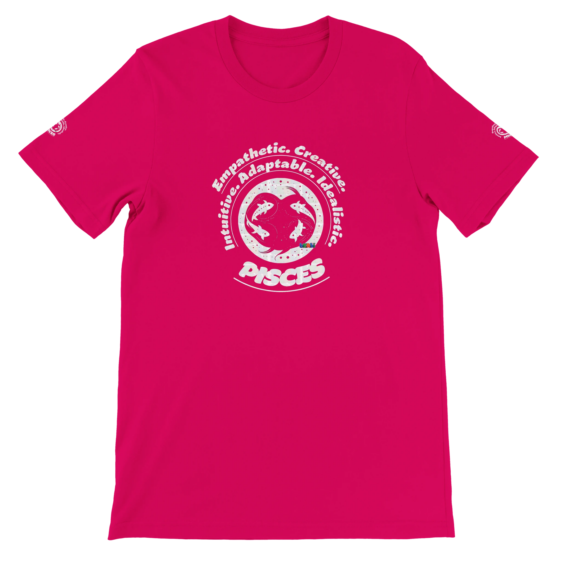 Red unisex crewneck T-shirt with Pisces zodiac design, printed on soft Bella + Canvas 3001. Perfect for astrology lovers.