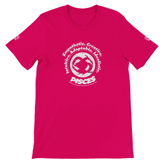 Red unisex crewneck T-shirt with Pisces zodiac design, printed on soft Bella + Canvas 3001. Perfect for astrology lovers.