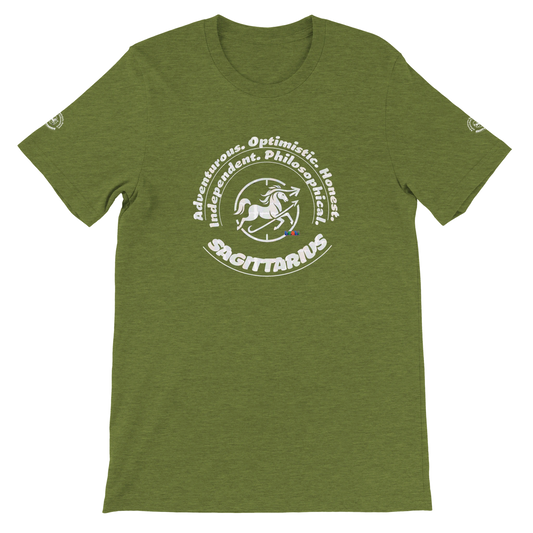 Green unisex crewneck Premum T-shirt with Sagittarius zodiac sign, perfect birthday gift Astrology lovers trendybuybest.com