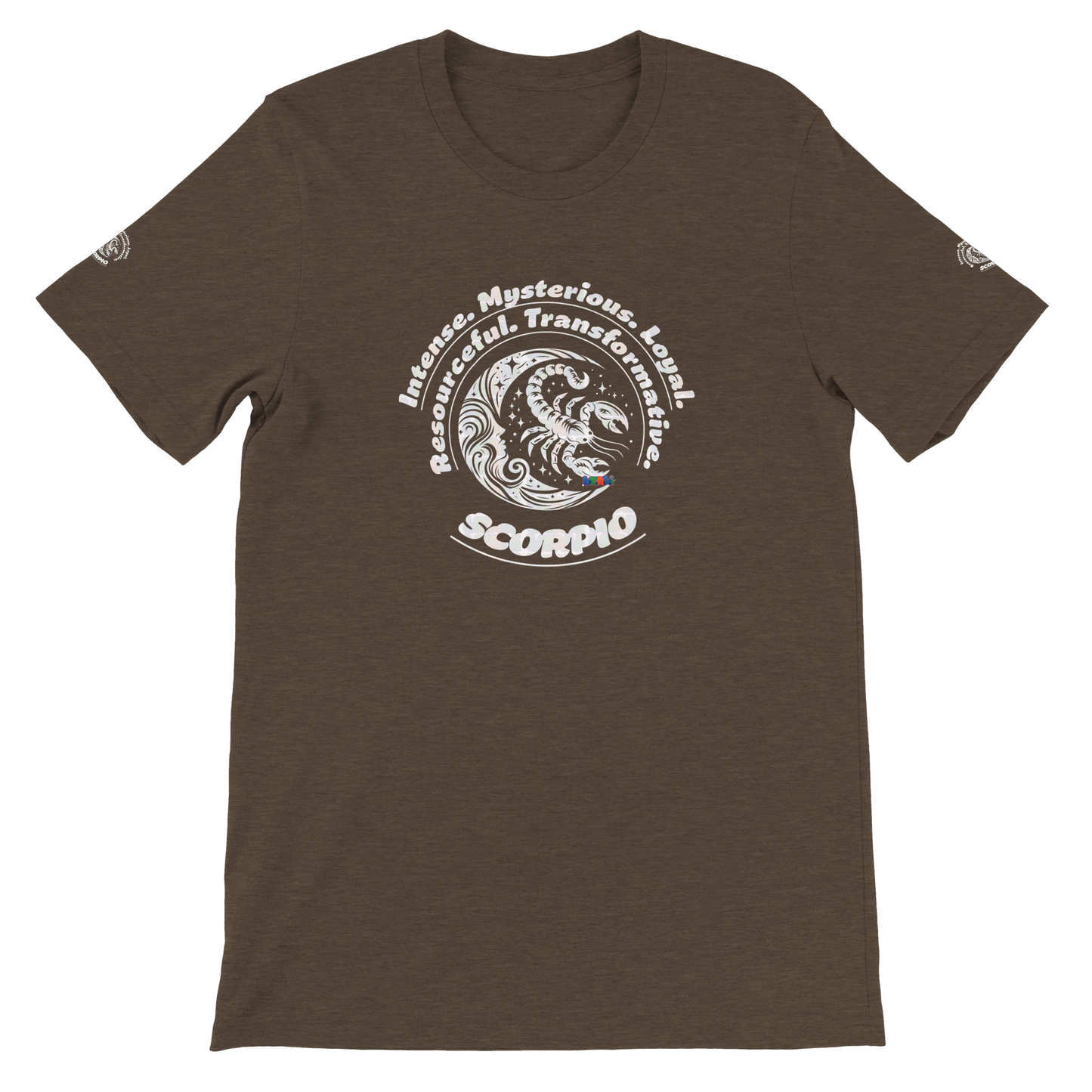 Brown unisex T-shirt Scorpio Horoscope Zodiac design. Characters of Intense, Loyal, Mysterious, Resourceful, Transformative