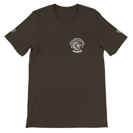 Brown unisex T-shirt Scorpio Horoscope Zodiac design. Characters of Intense, Loyal, Mysterious, Resourceful, Transformative