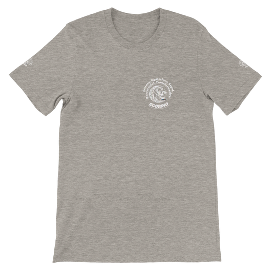 Gray unisex crewneck Premum T-shirt with Scorpio horoscope sign, perfect birthday gift for Zodiac lovers by trendybuybest.com