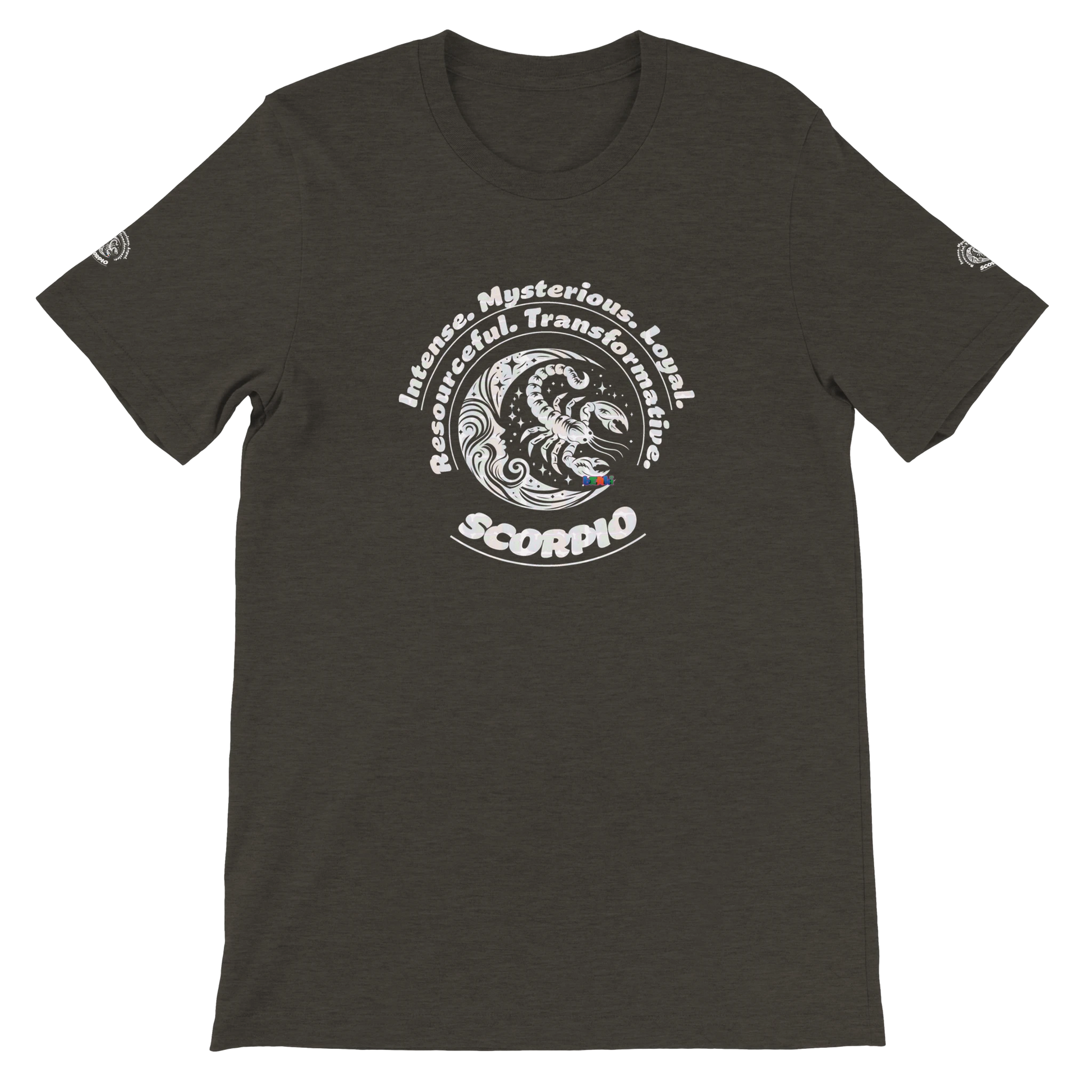 Black unisex crewneck T-shirt with Scorpio Logo zodiac, perfect birthday gift for astrology lovers, soft and stylish for all.