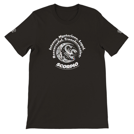 Black unisex crewneck T-shirt with Scorpio Logo zodiac, perfect birthday gift for astrology lovers, soft and stylish for all.
