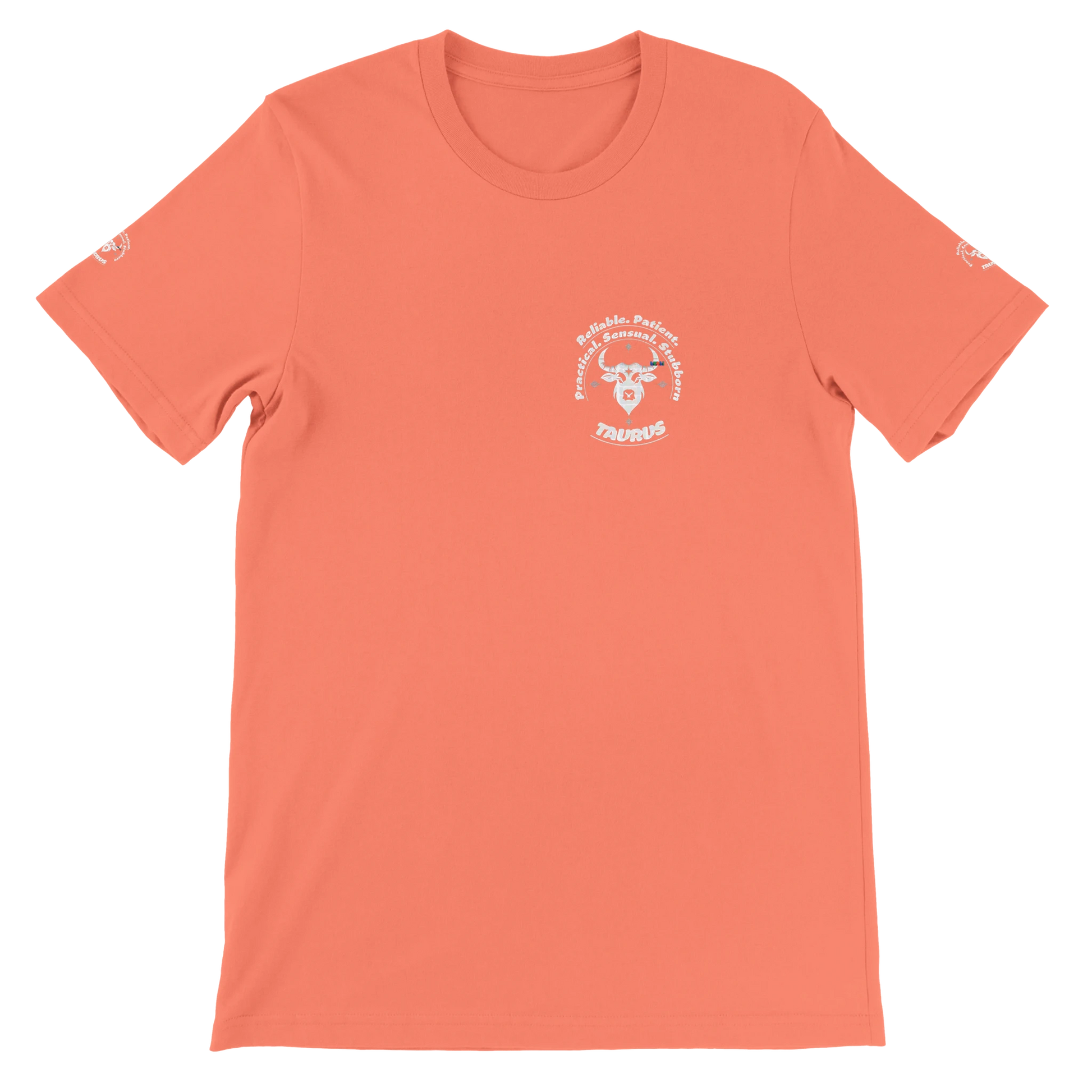 Orange unisex crewneck T-shirt with Taurus zodiac. Perfect birthday gift for lovers of astrology. Bull Beauty, Luxury, Venus.