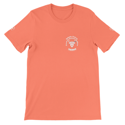 Orange unisex crewneck T-shirt with Taurus zodiac. Perfect birthday gift for lovers of astrology. Bull Beauty, Luxury, Venus.