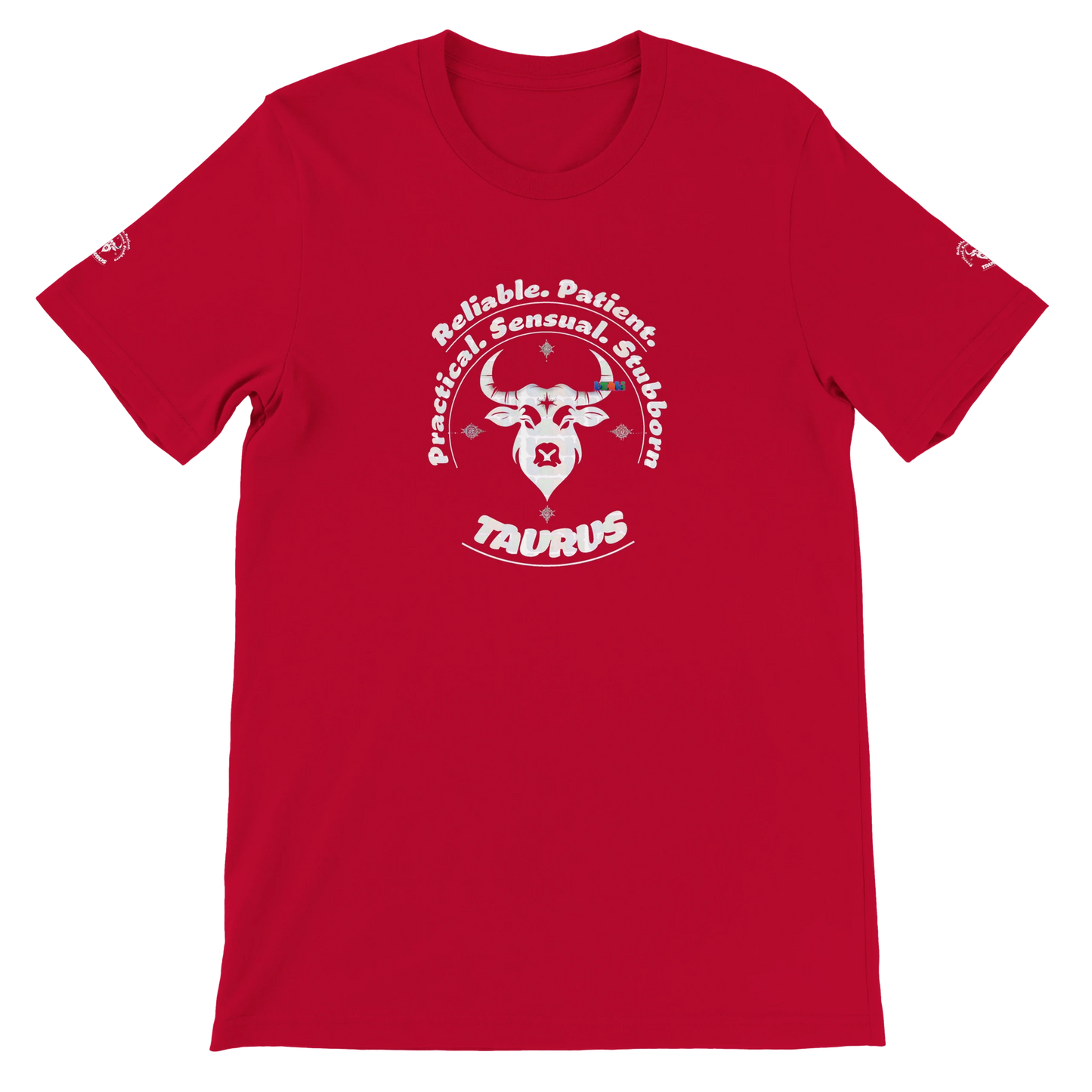 Red unisex crewneck T-shirt with Taurus horoscope Zodiac design, Characters Reliable, Patient, Practical, Sensual, Stubborn.