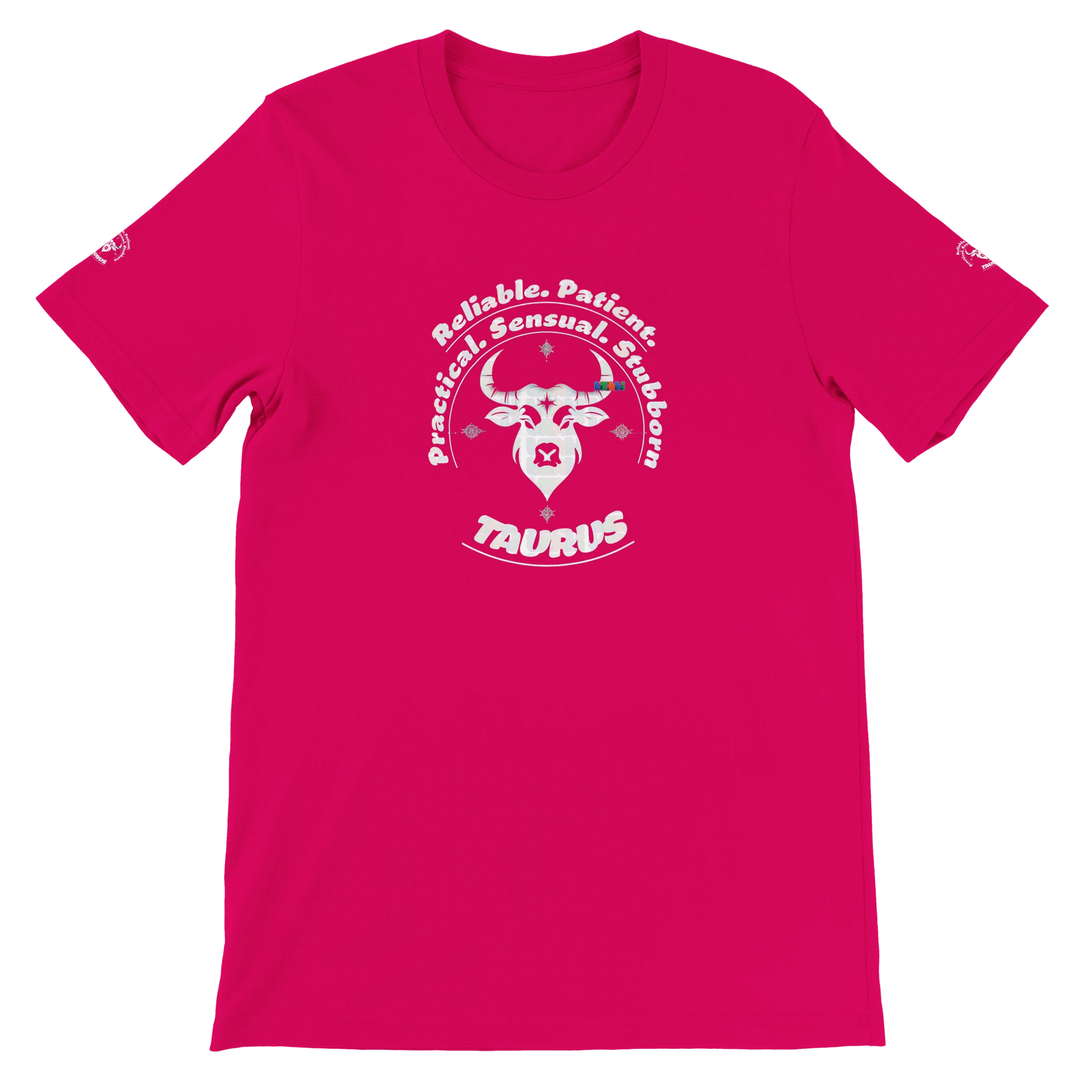 Red unisex crewneck T-shirt with Taurus horoscope Zodiac design, Characters Reliable, Patient, Practical, Sensual, Stubborn.