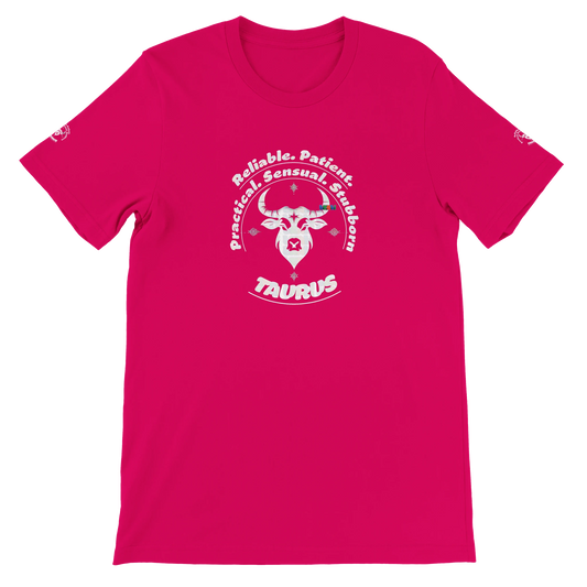 Red unisex crewneck T-shirt with Taurus horoscope Zodiac design, Characters Reliable, Patient, Practical, Sensual, Stubborn.