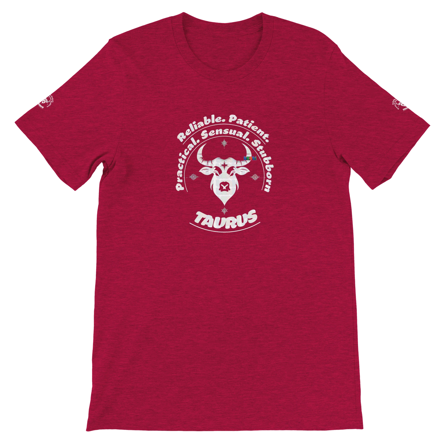 Red unisex crewneck T-shirt with Taurus horoscope Zodiac design, Characters Reliable, Patient, Practical, Sensual, Stubborn.