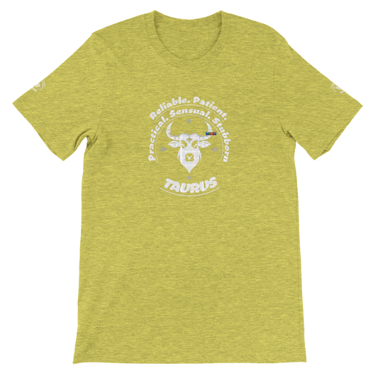 Yellow unisex crewneck T-shirt with Taurus horoscope zodiac design on soft Bella + Canvas 3001. Comfortable and stylish for all.