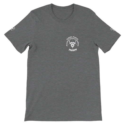 Gray unisex crewneck Bella T-shirt with Taurus zodiac horoscope, perfect birthday gift for astrology lover trendybuybest.com