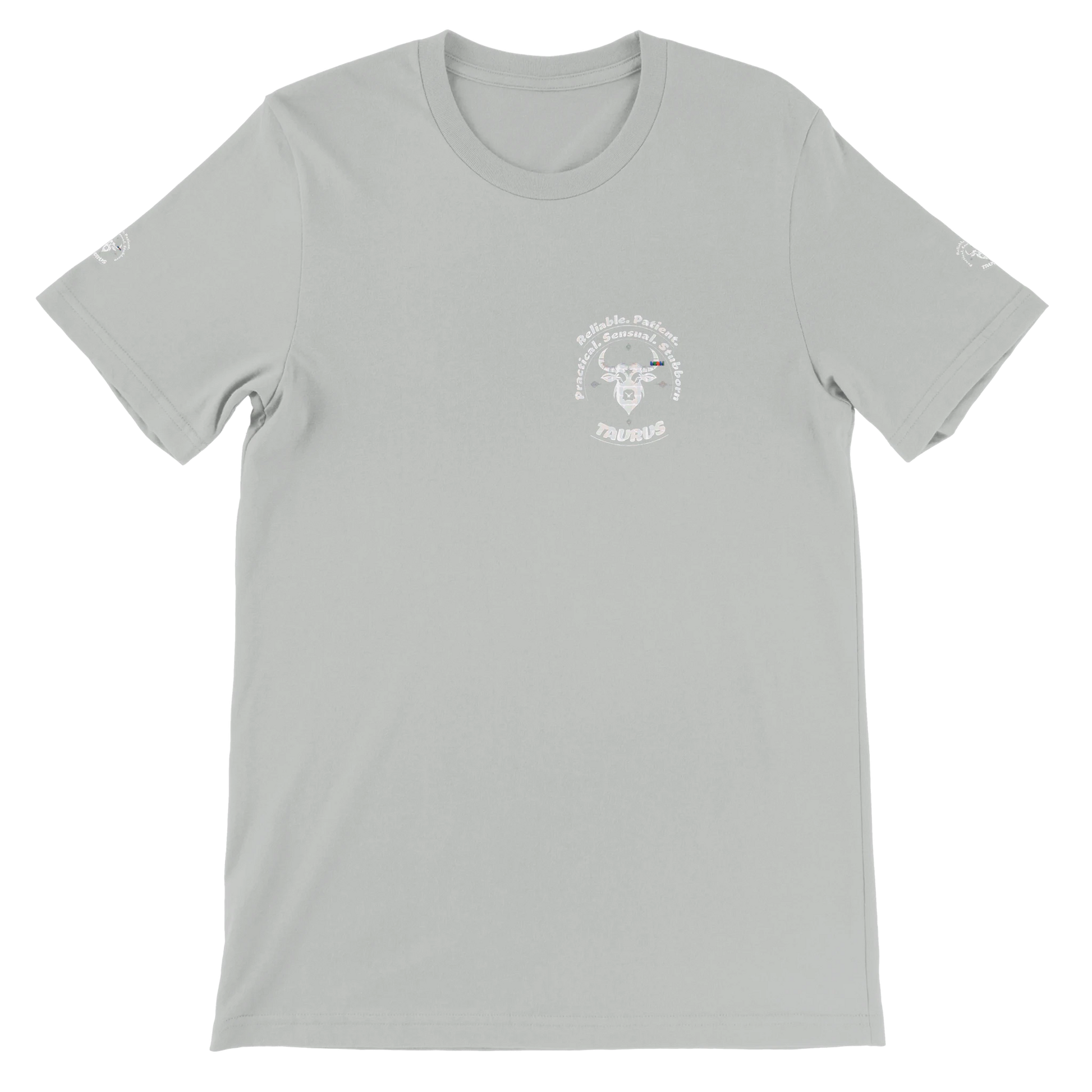 Gray unisex crewneck Bella T-shirt with Taurus zodiac horoscope, perfect birthday gift for astrology lover trendybuybest.com