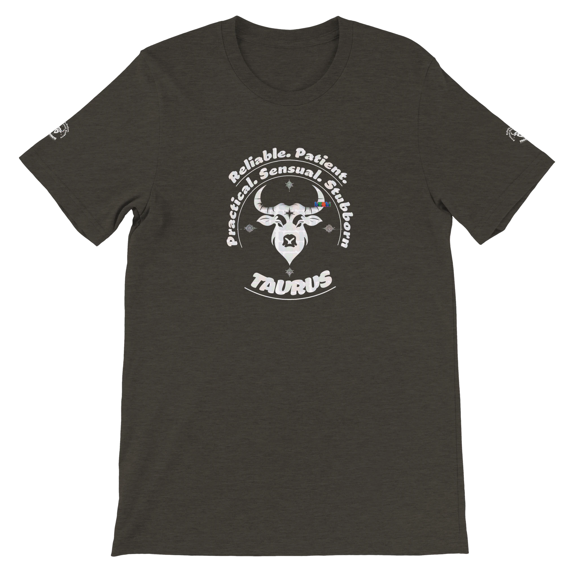 Black unisex crewneck Bella T-shirt with Taurus zodiac horoscope, perfect birthday gift for astrology lover trendybuybest.com