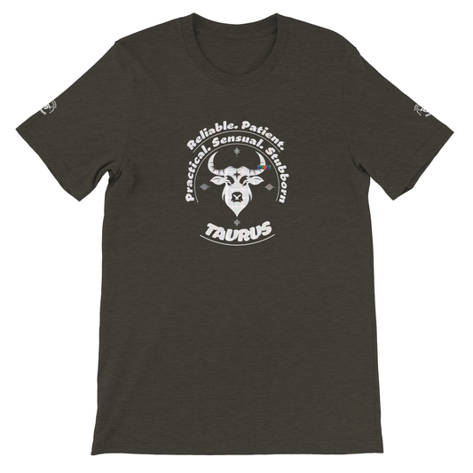 Black unisex crewneck Bella T-shirt with Taurus zodiac horoscope, perfect birthday gift for astrology lover trendybuybest.com