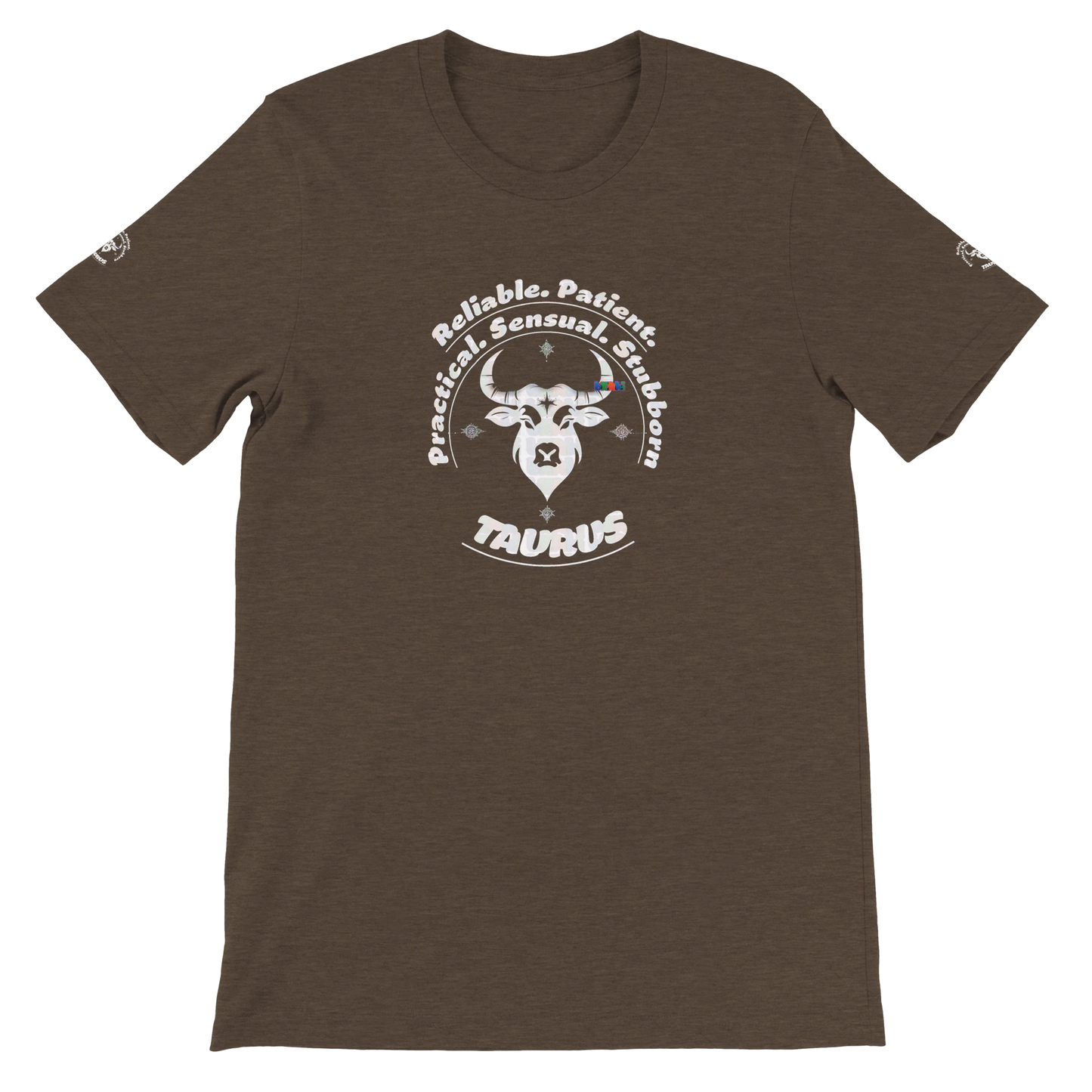 Brown unisex crewneck T-shirt with Taurus horoscope, perfect birthday gift for astrology lovers, soft and stylish for all.