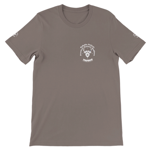 Brown unisex crewneck T-shirt with Taurus horoscope, perfect birthday gift for astrology lovers, soft and stylish for all.