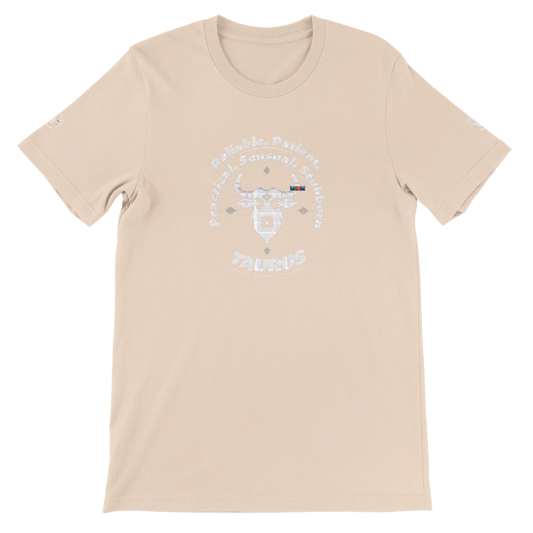 Pink unisex crewneck T-shirt with Taurus horoscope Zodiac design, Characters Reliable, Patient, Practical, Sensual, Stubborn.