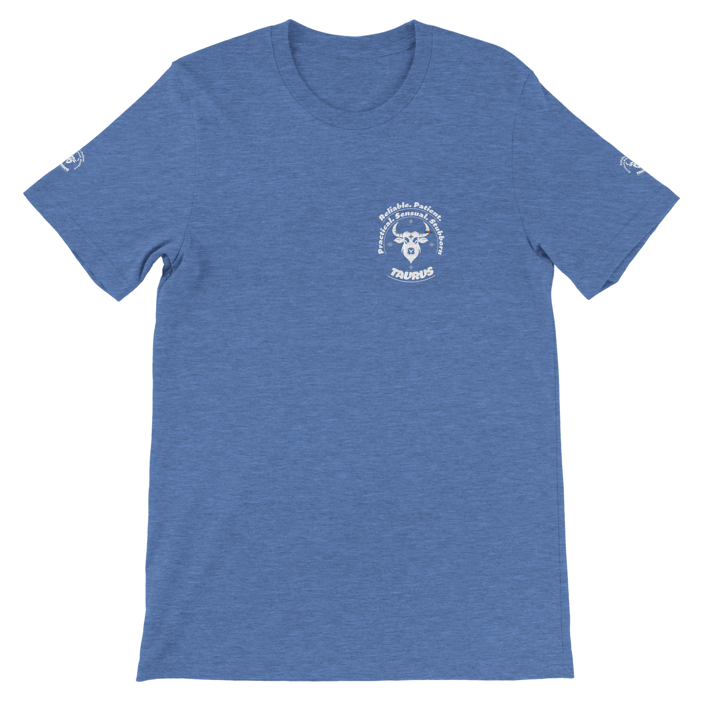 Blue unisex crewneck premium T-shirt with Taurus astrology zodiac design on soft Bella + Canvas 3001 by trendybuybest.com