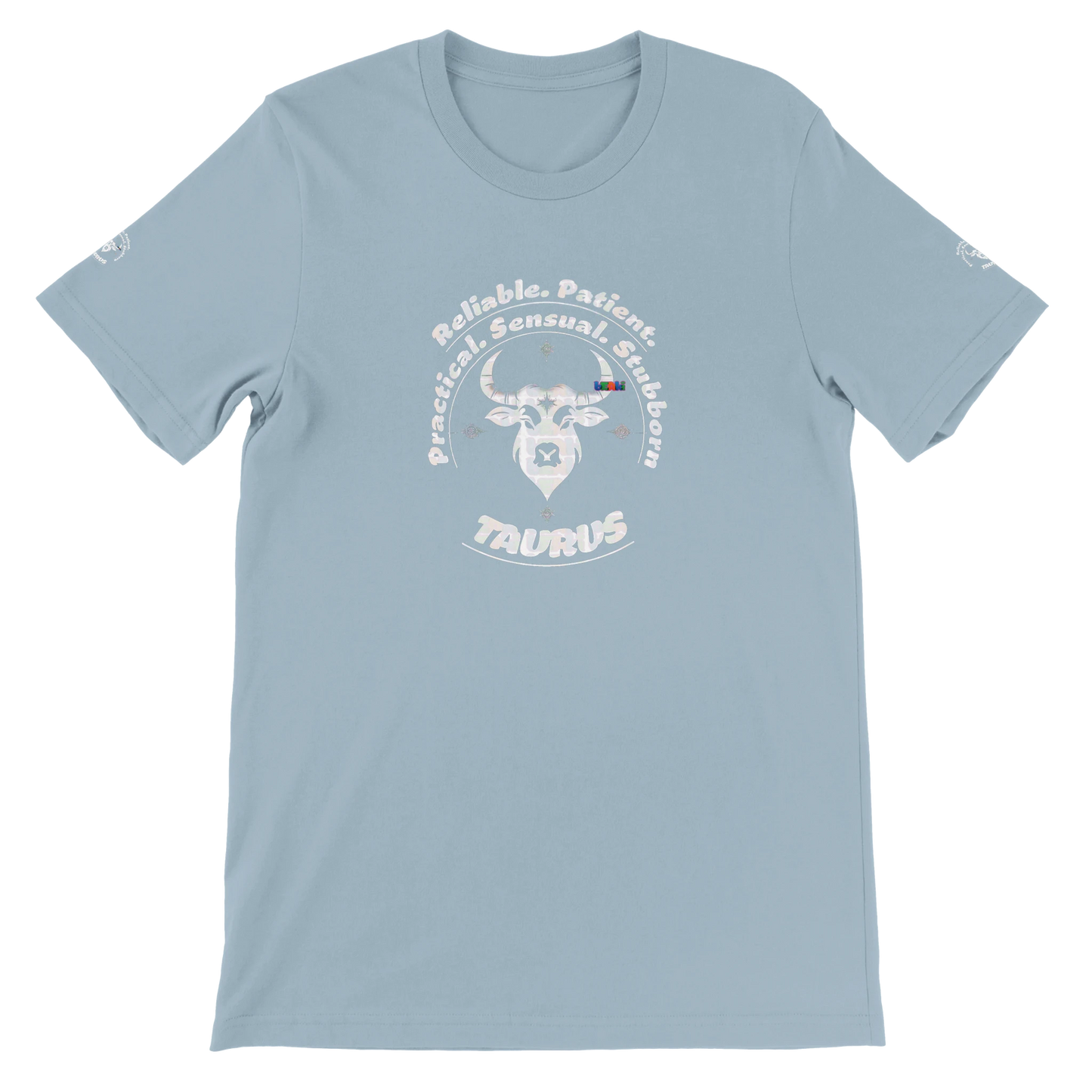 Blue unisex crewneck premium T-shirt with Taurus astrology zodiac design on soft Bella + Canvas 3001 by trendybuybest.com