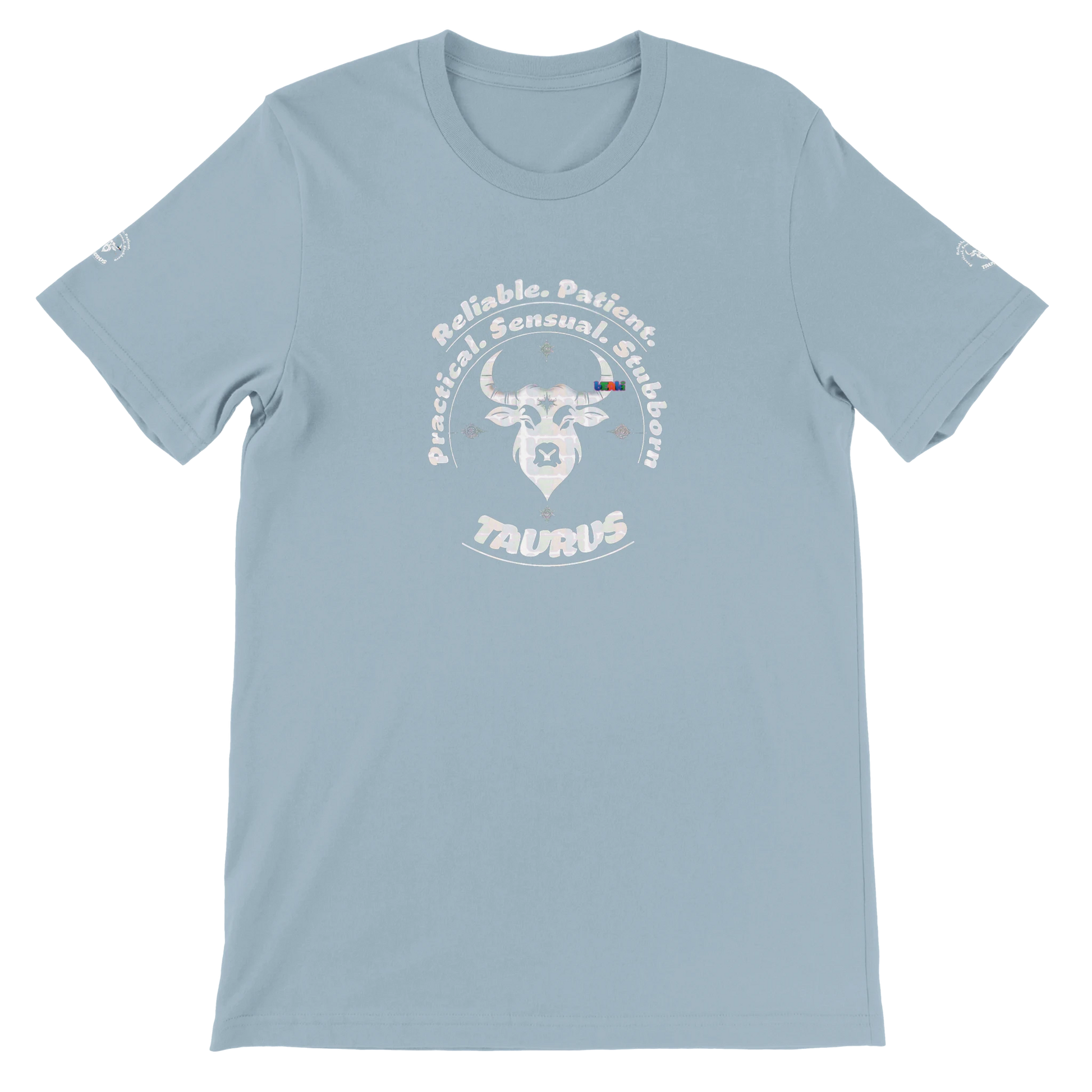 Blue unisex crewneck premium T-shirt with Taurus astrology zodiac design on soft Bella + Canvas 3001 by trendybuybest.com
