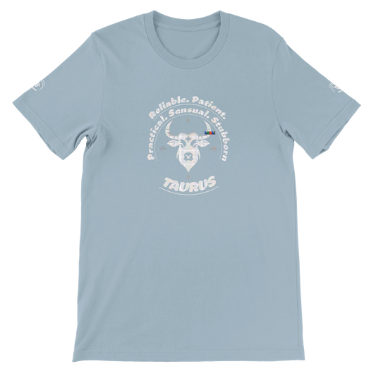 Blue unisex crewneck premium T-shirt with Taurus astrology zodiac design on soft Bella + Canvas 3001 by trendybuybest.com