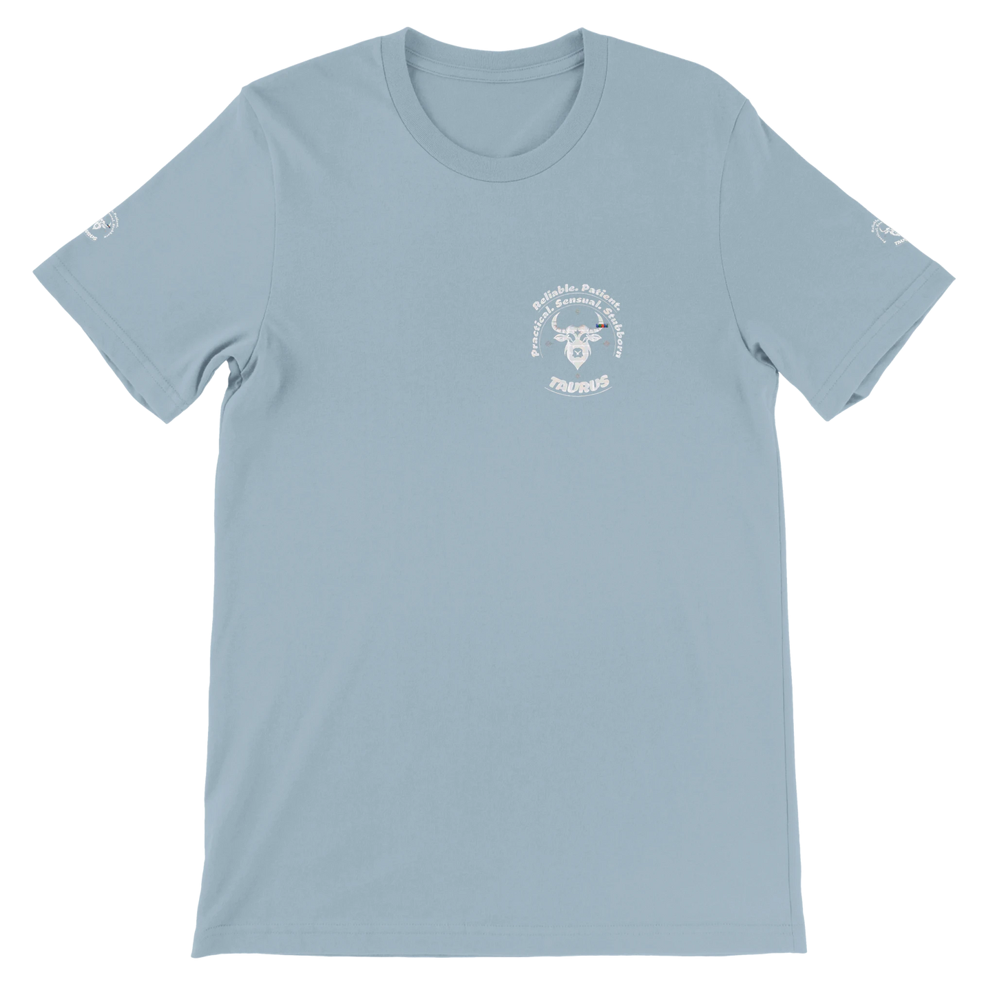 Blue unisex crewneck premium T-shirt with Taurus astrology zodiac design on soft Bella + Canvas 3001 by trendybuybest.com