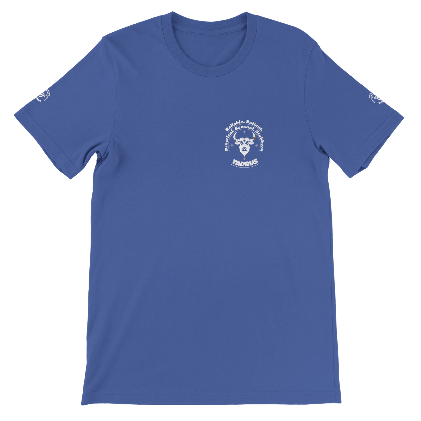 Blue unisex crewneck premium T-shirt with Taurus astrology zodiac design on soft Bella + Canvas 3001 by trendybuybest.com