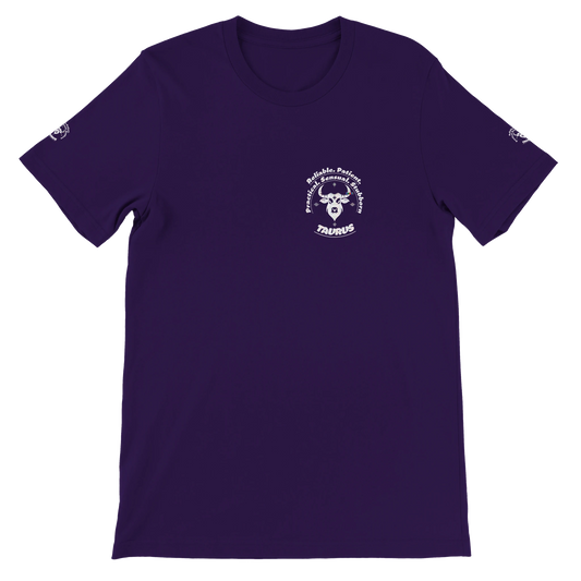 Purple Premium unisex crewneck T-shirt with Taurus zodiac horoscope astrology design for Special Love One, trendybuybest.com