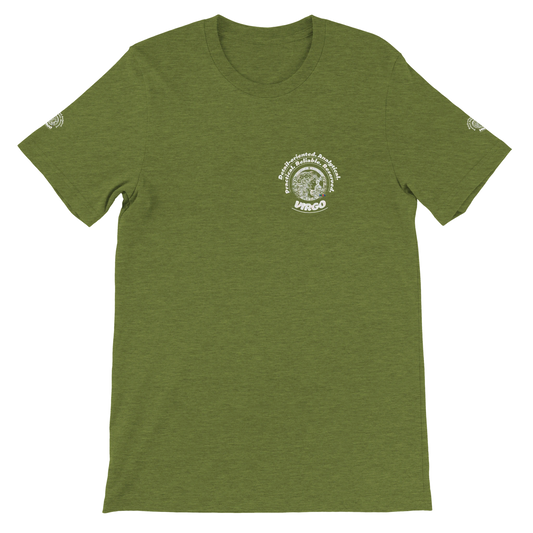 Green unisex crewneck T-shirt with Virgo Logo horoscope, perfect birthday gift for zodiac lovers, soft and stylish for all.