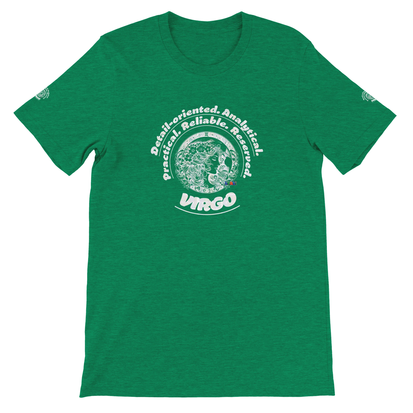Green unisex crewneck T-shirt with Virgo Logo horoscope, perfect birthday gift for zodiac lovers, soft and stylish for all.
