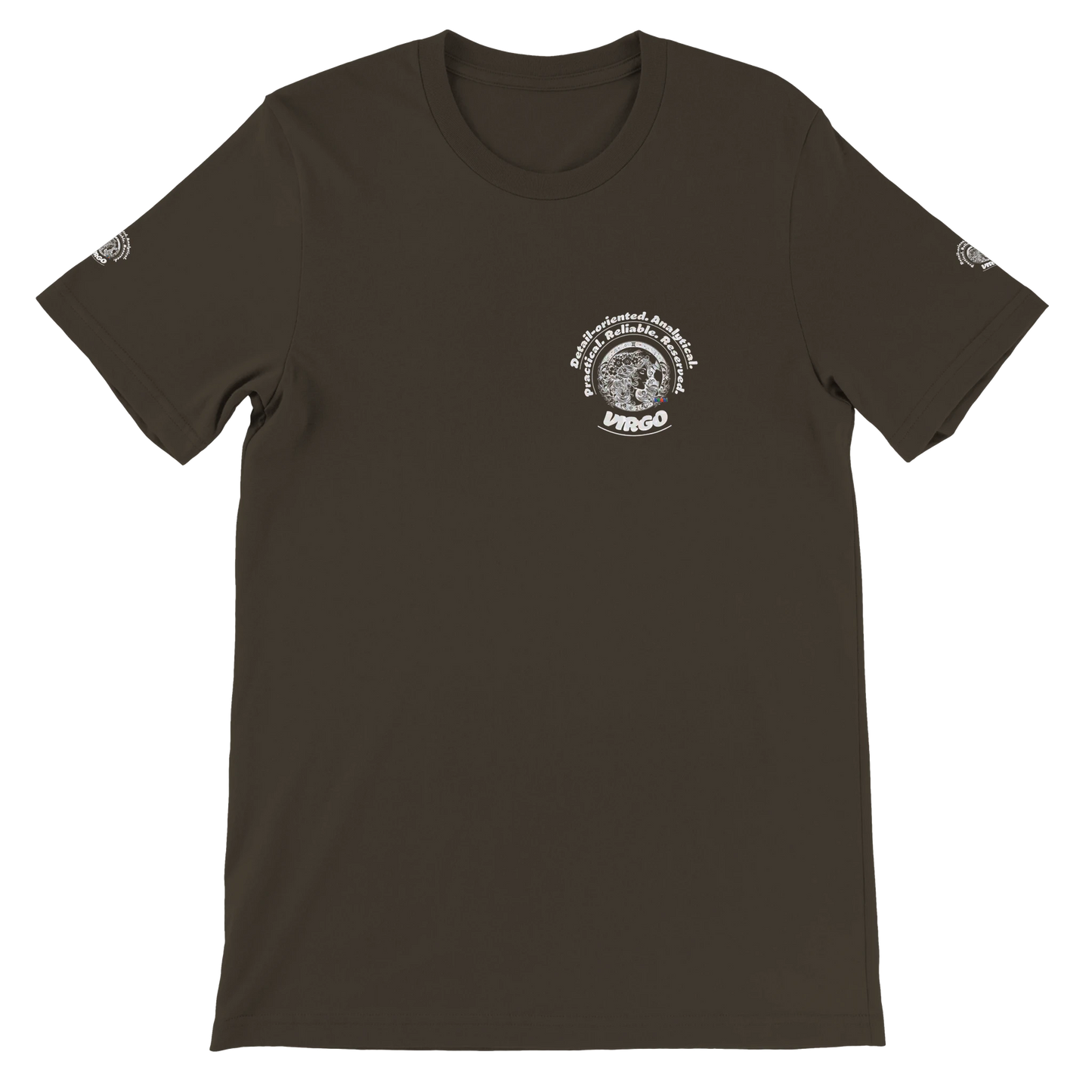 Brown unisex crewneck T-shirt with Virgo Astrology design Characters of Detail-oriented Analytical Practical Reliable Reserved