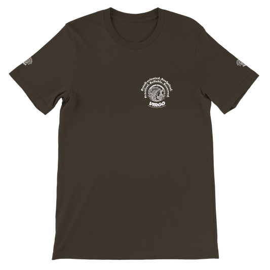 Brown unisex crewneck T-shirt with Virgo Astrology design Characters of Detail-oriented Analytical Practical Reliable Reserved