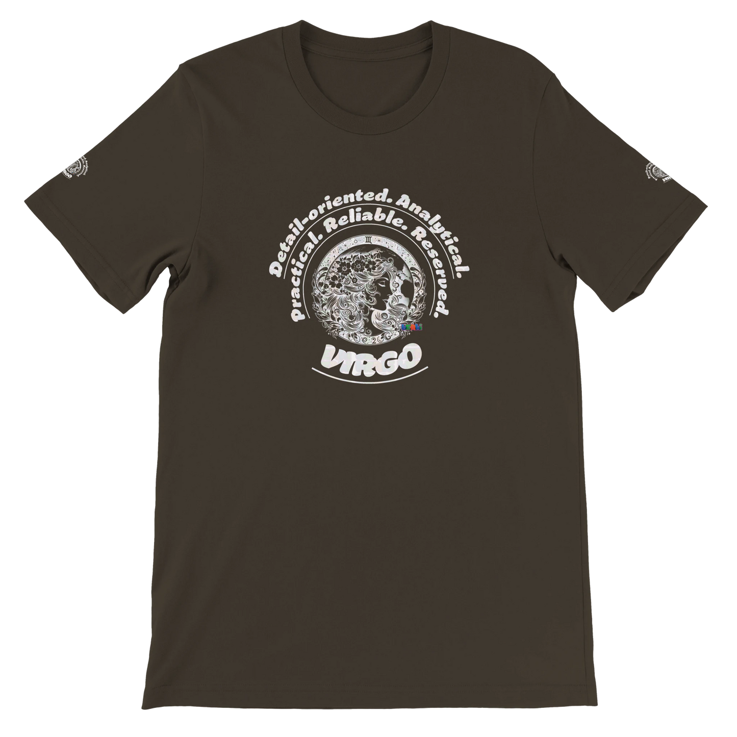 Brown unisex crewneck T-shirt with Virgo Astrology design Characters of Detail-oriented Analytical Practical Reliable Reserved